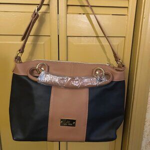 JM New York pebble leather  bag  blue/tan 11x7 pockets inside  strap& handles  r